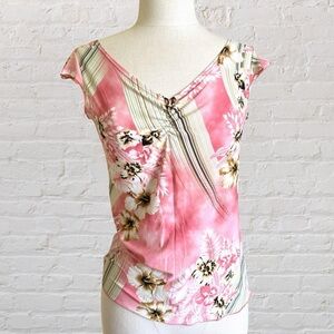 Pink tropical floral print blouse with cap sleeves from DEEP Los Angeles